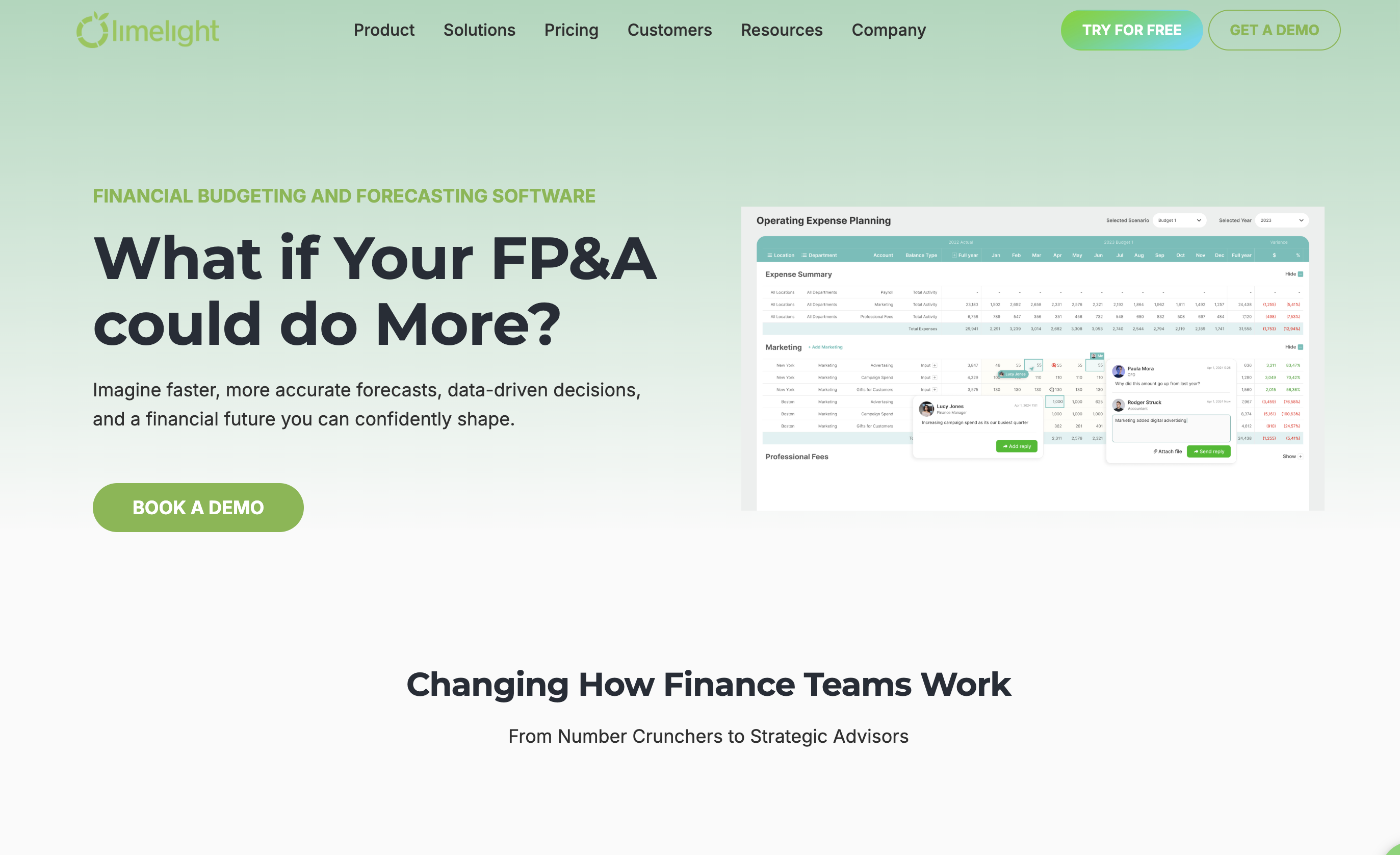 Limelight budgeting and forecasting tool homepage screenshot