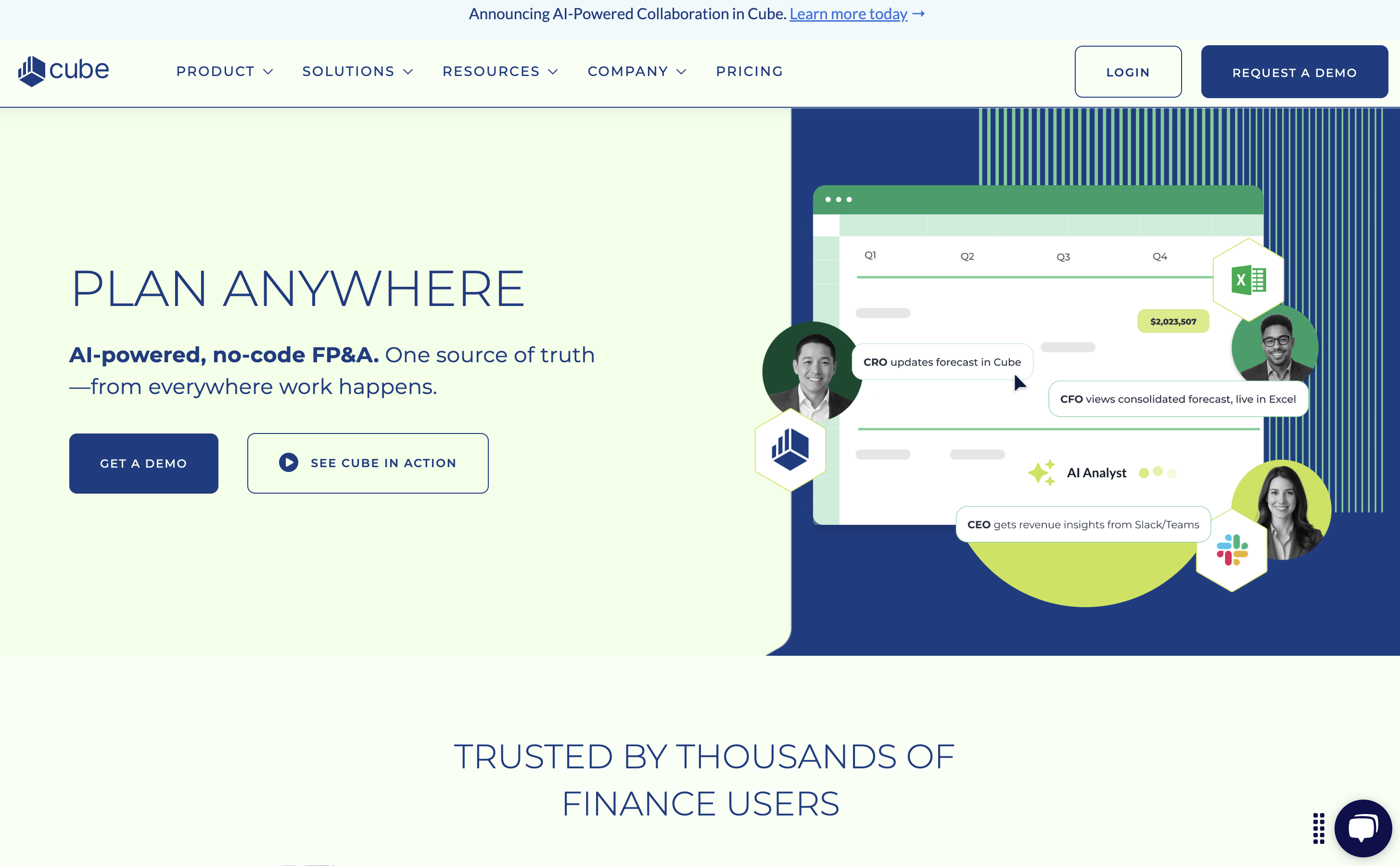 Cube FP&A software homepage screenshot