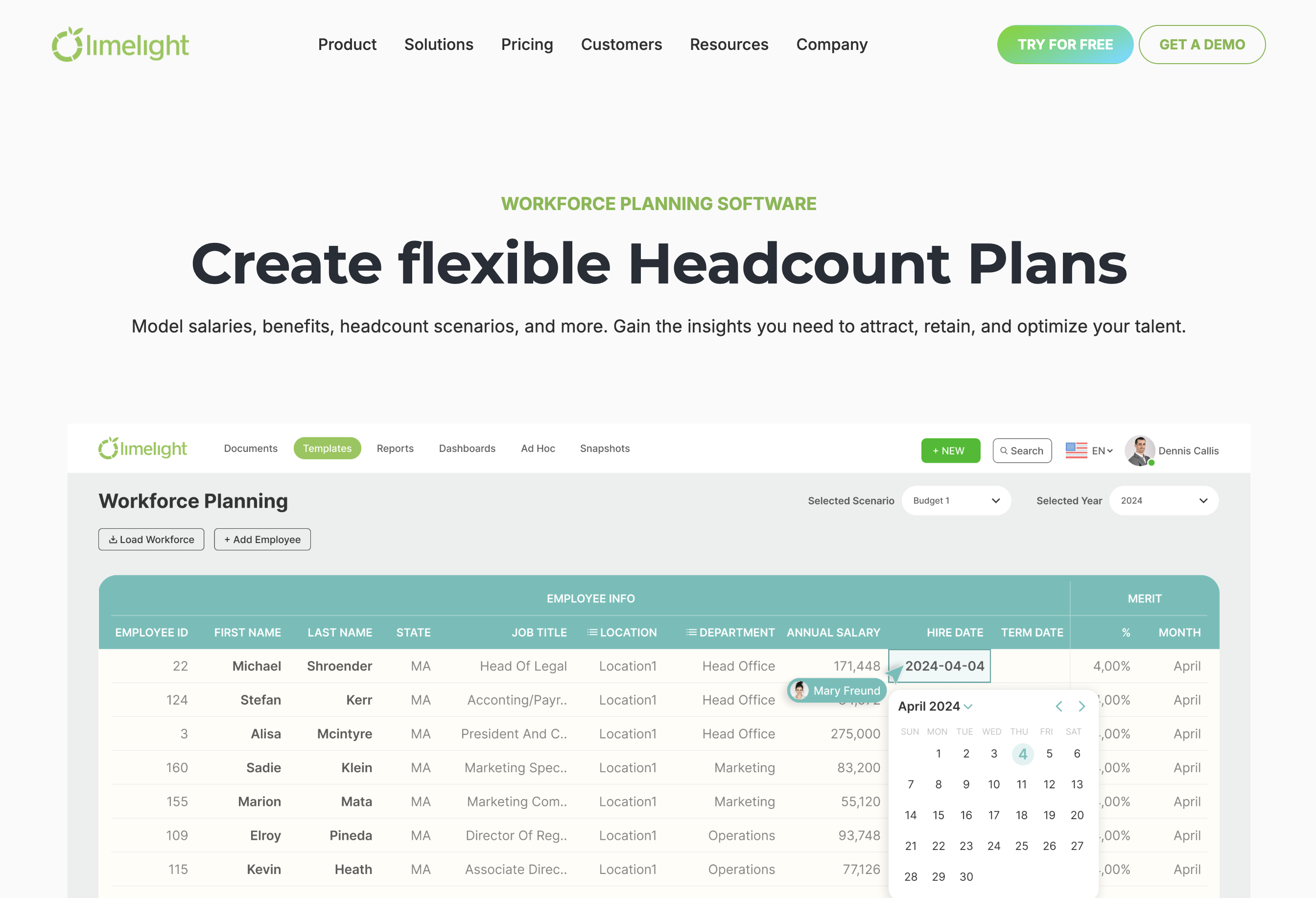 Limelight workforce planning tools homepage screenshot