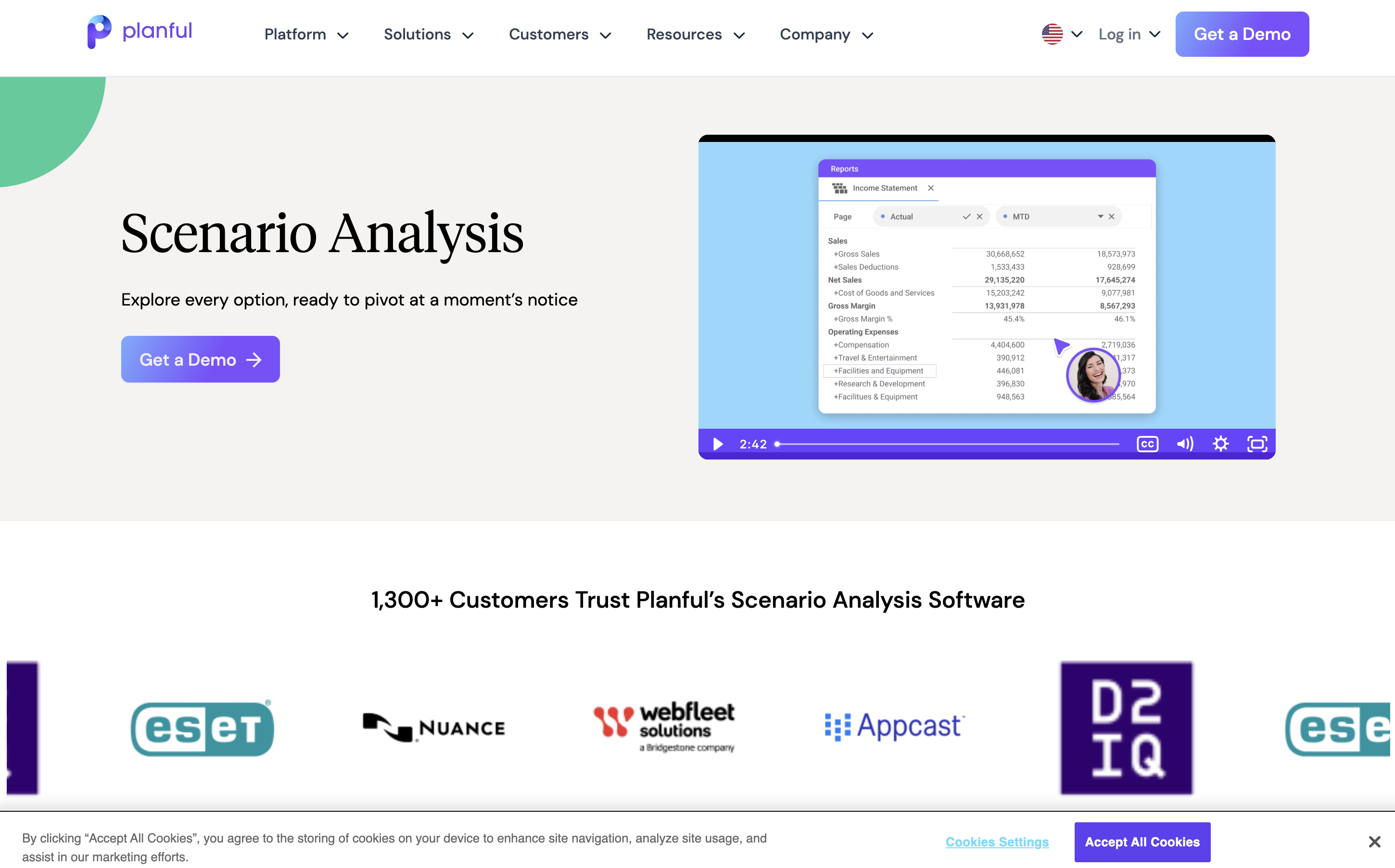 Planful scenario planning tool homepage screenshot