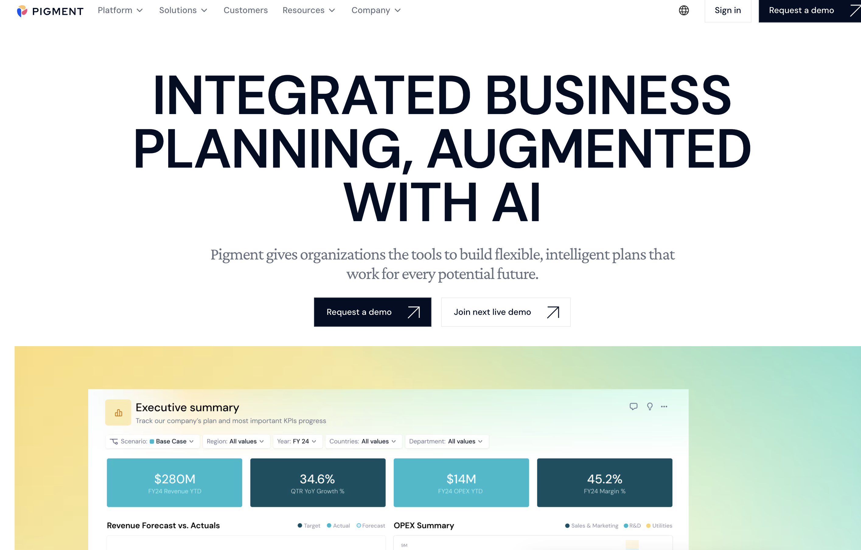 Pigment scenario planning tool homepage screenshot