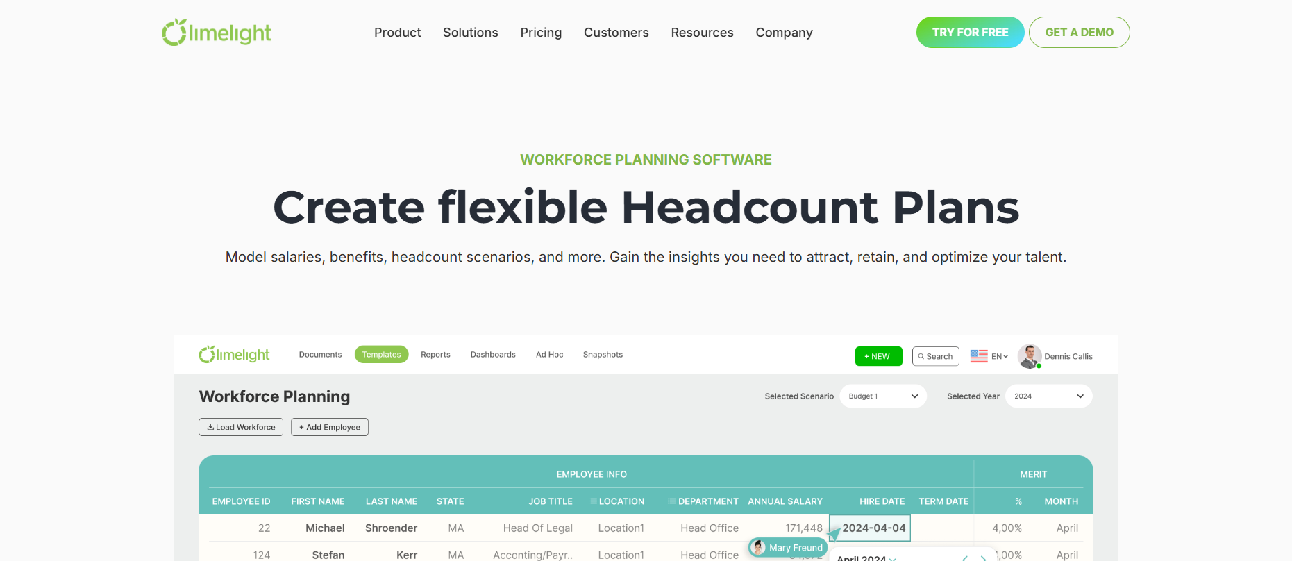 Limelight workforce planning tool homepage screenshot