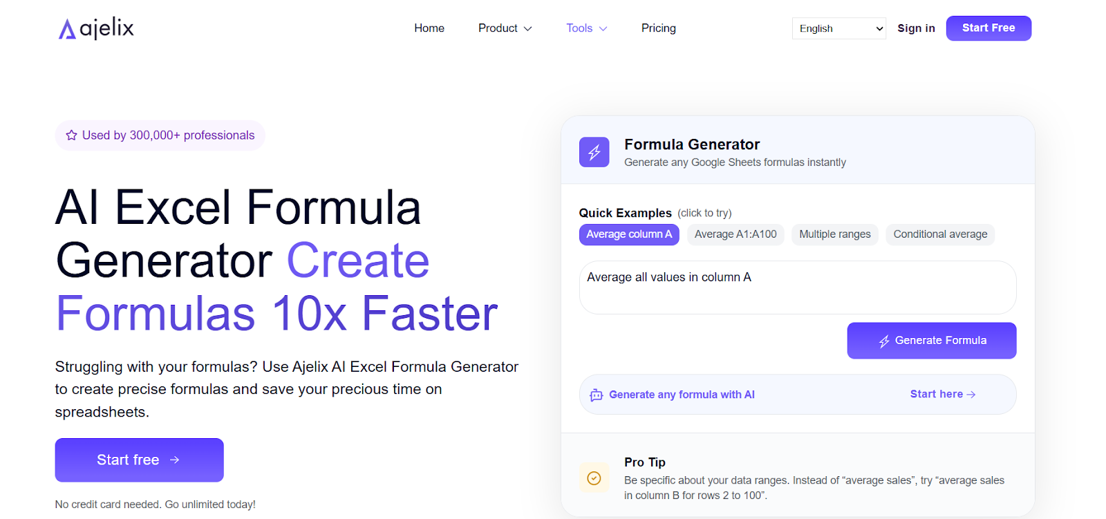 Ajelix Excel formula bot homepage