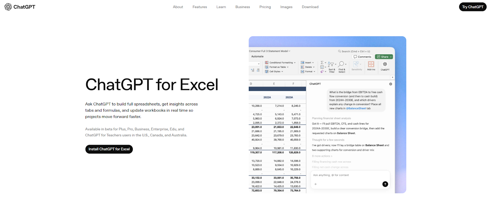 Homepage for ChatGPT for Excel plugin