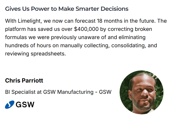 Client testimonial screenshot from GSW Manufacturing