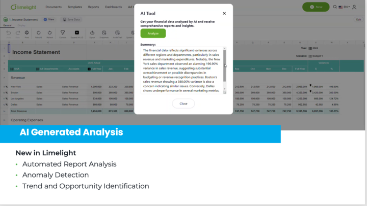 Limelight AI generating financial report analysis and variance commentary