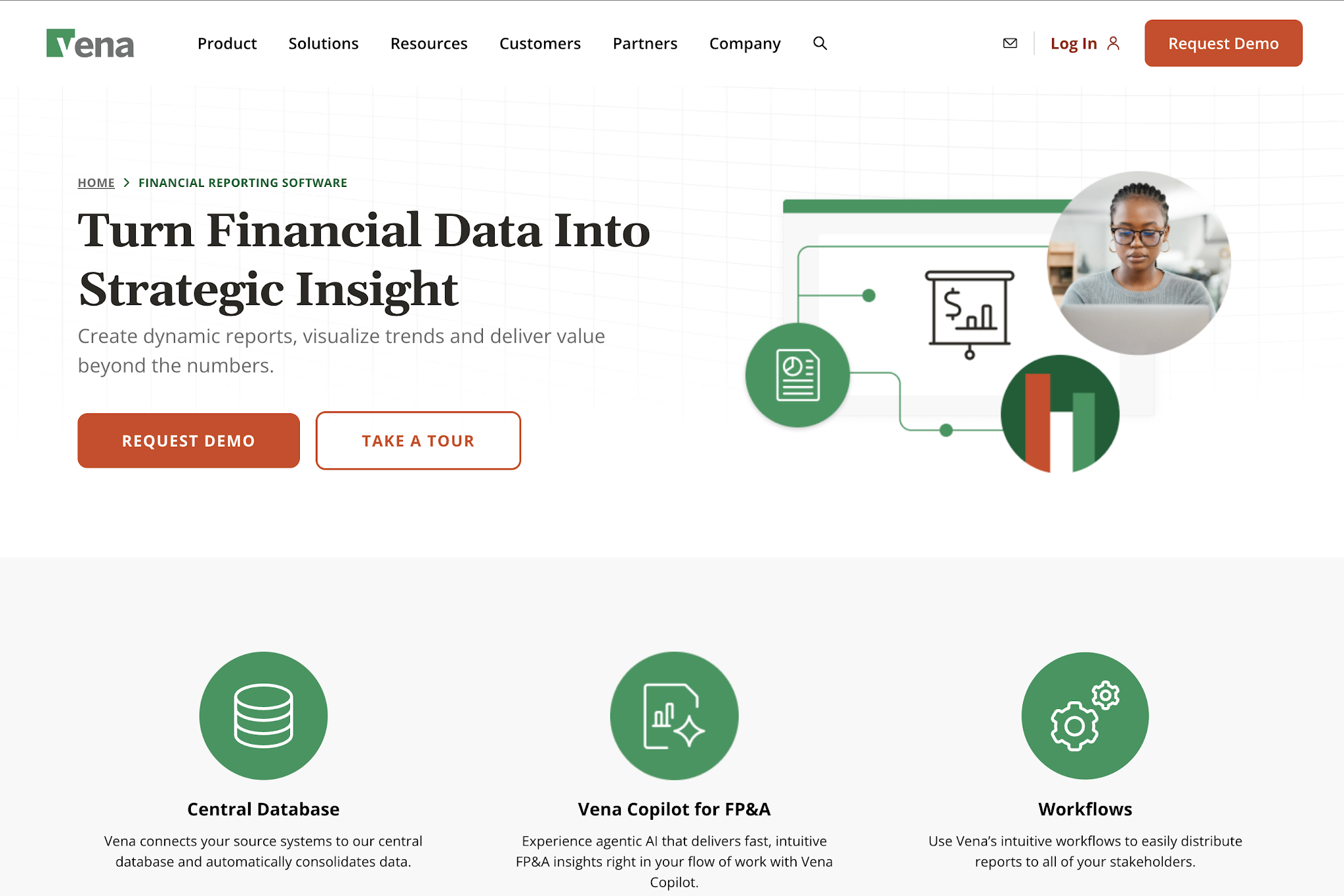 Vena financial reporting page with database, workflow, and reporting features
