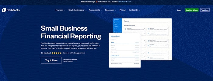 FreshBooks small-business financial reporting page