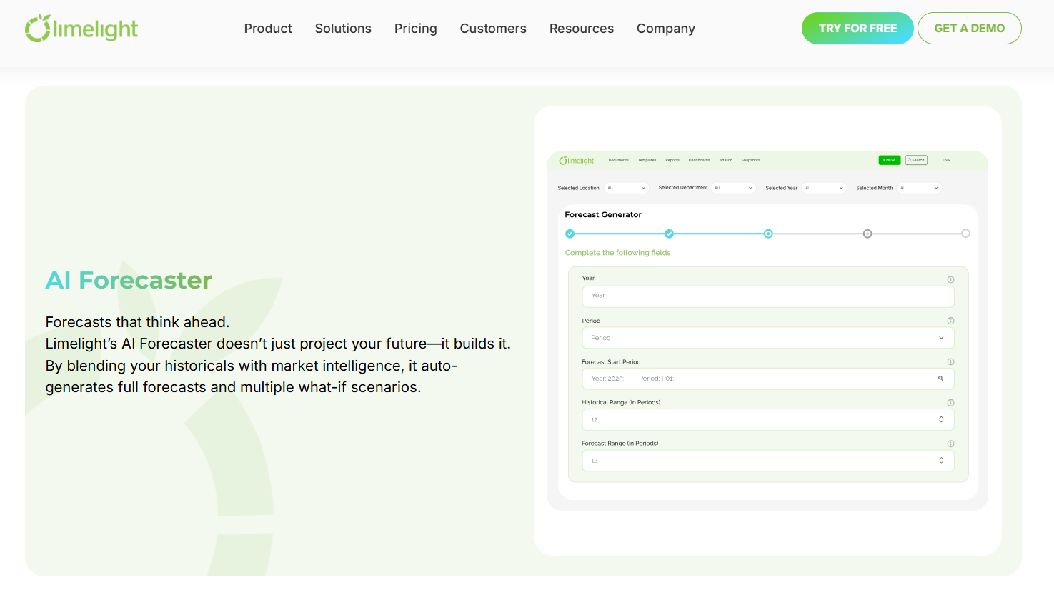 Limelight’s AI Forecaster landing page