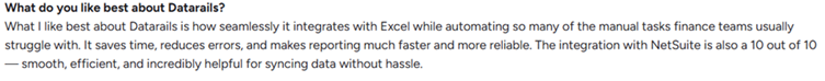 A Datarails G2 reviewer praises its Excel workflow and NetSuite integration.