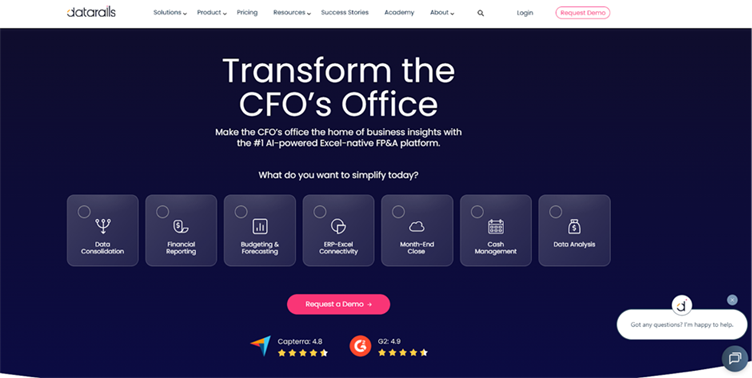 Datarails' homepage presents FinanceOS tools for consolidation, reporting, forecasting, and financial analysis.