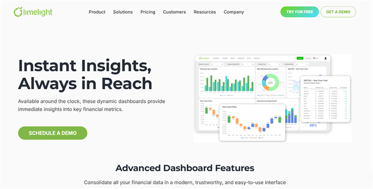 Limelight's interactive dashboards surface financial KPIs and drill-down reporting in one workspace.