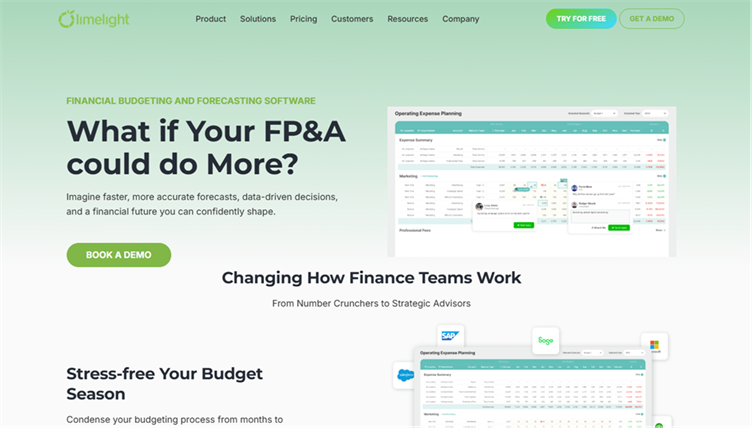imelight's planning interface supports budgeting, forecasting, and finance-owned scenario work.