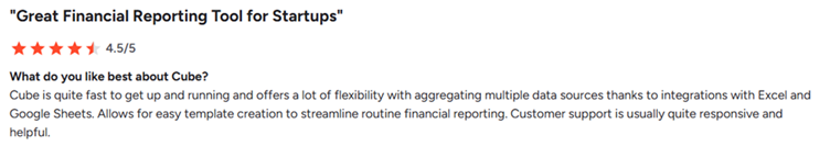 A Cube G2 reviewer praises multi-source aggregation through Excel and Google Sheets integrations.