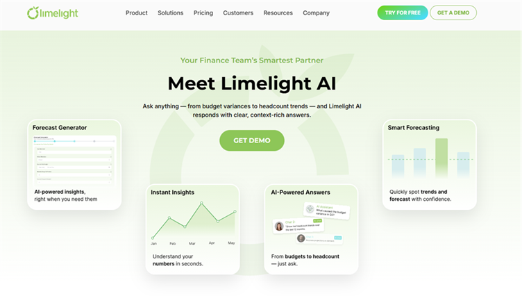 Limelight AI combines finance Q&A, variance analysis, and forecasting tools inside the FP&A workflow.