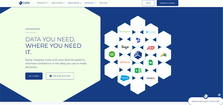 Cube's integrations page shows connections to accounting, ERP, CRM, and business-data systems.