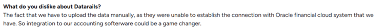 A Datarails G2 reviewer reports manual uploads after an Oracle Financial Cloud connection could not be established.