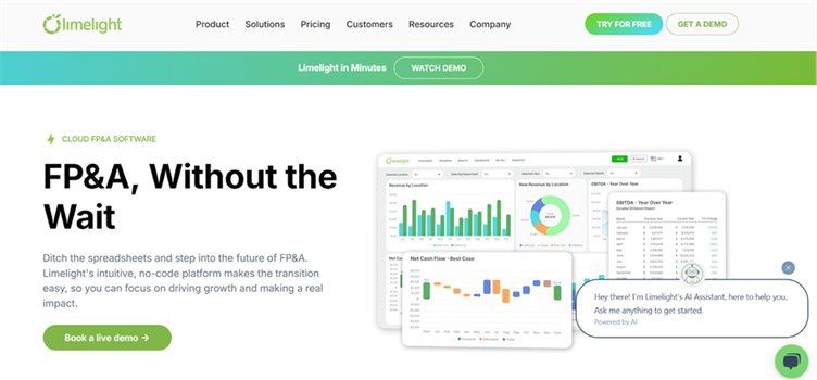 Limelight's homepage positions the product as cloud FP&A software for finance-led planning and reporting.