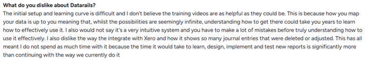  A Datarails G2 reviewer describes setup, data mapping, and report-building as time-intensive to learn. 