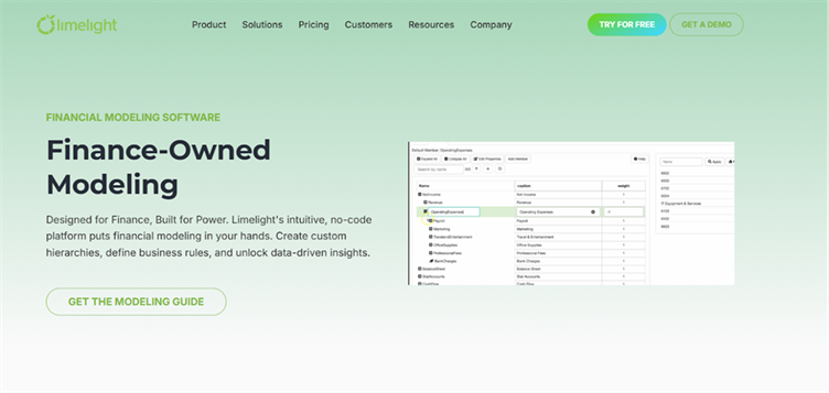 Limelight's modeling interface lets finance teams maintain business hierarchies and financial models without a separate spreadsheet file.