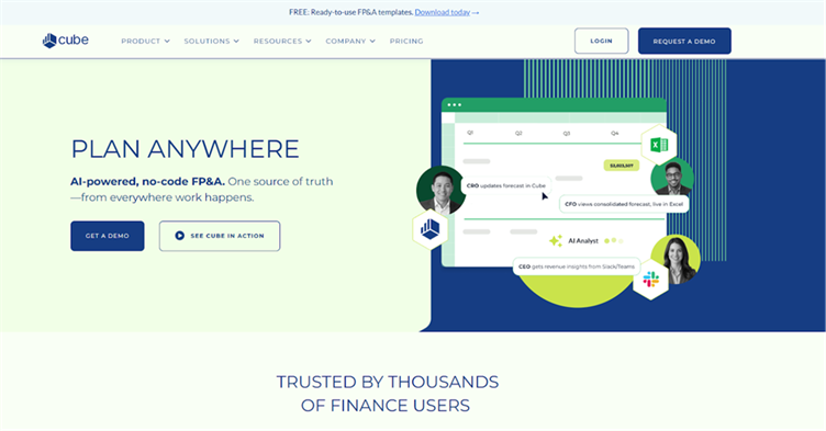 Cube's homepage presents its spreadsheet-native FP&A platform and AI-assisted finance positioning.