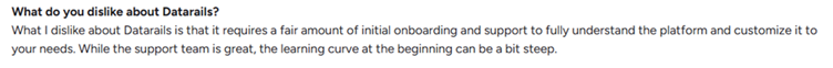 A Datarails G2 reviewer says onboarding and customization require support while users learn the platform.