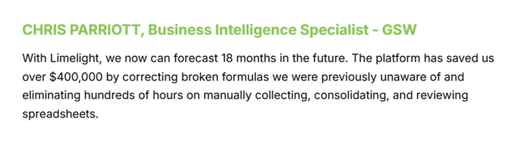 GSW Manufacturing's testimonial cites 18-month forecasting, more than $400,000 in savings, and less spreadsheet consolidation work.