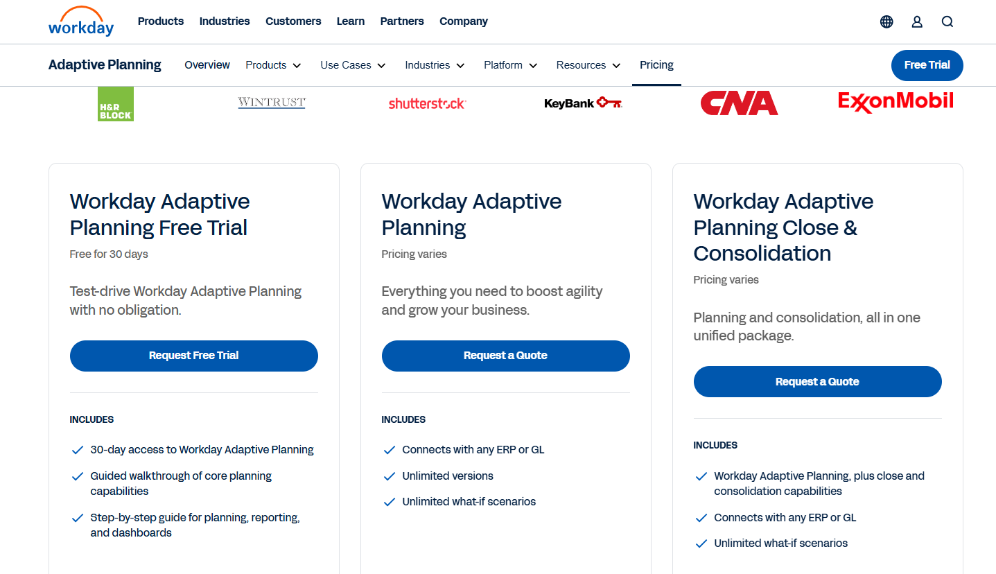 Workday Adaptive Planning pricing page