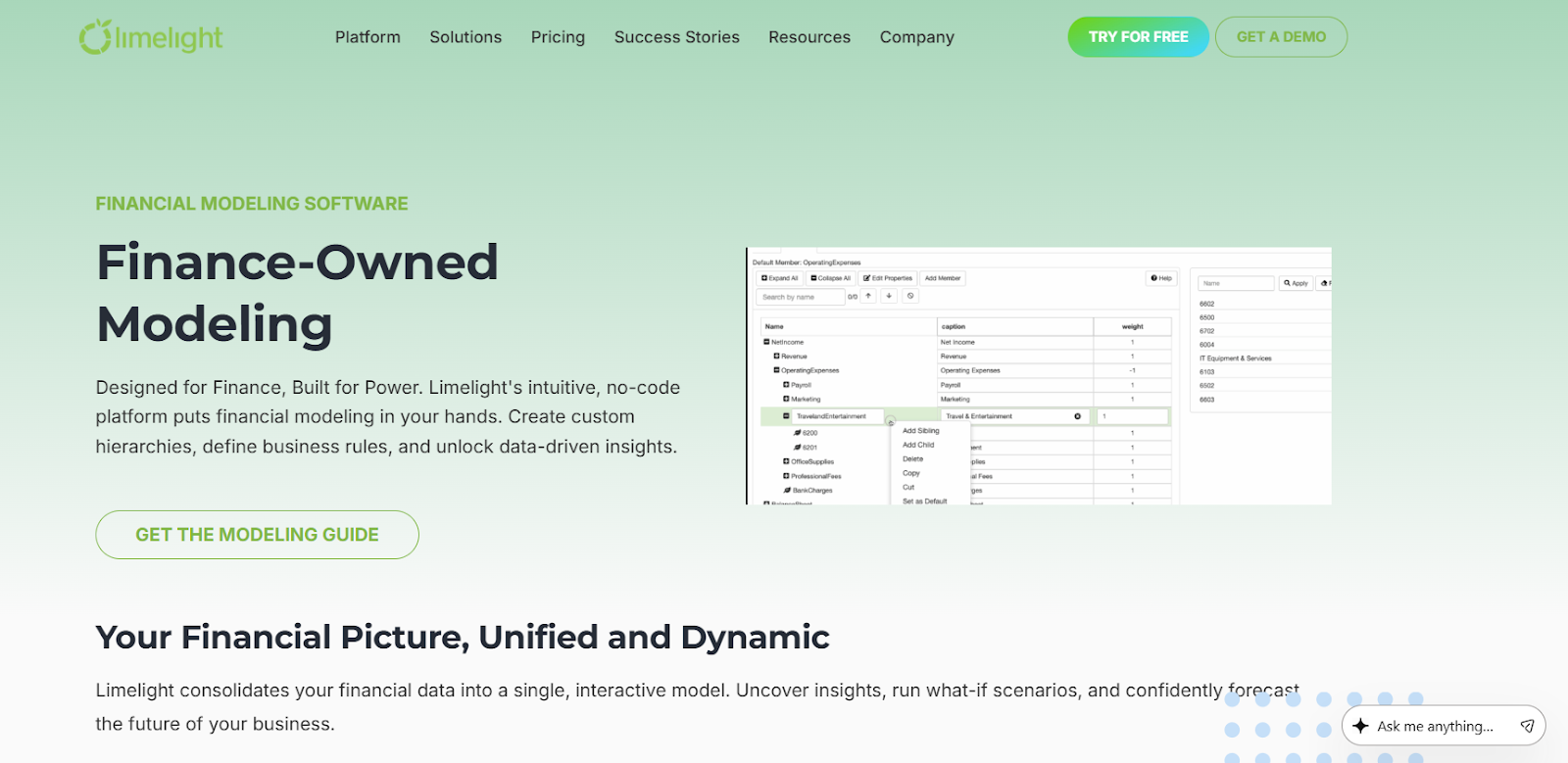 Visual of Limelight’s finance-owned modeling page