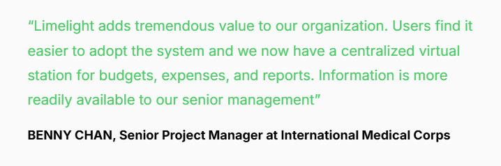 Client testimonial for Limelight’s nonprofit KPI dashboard