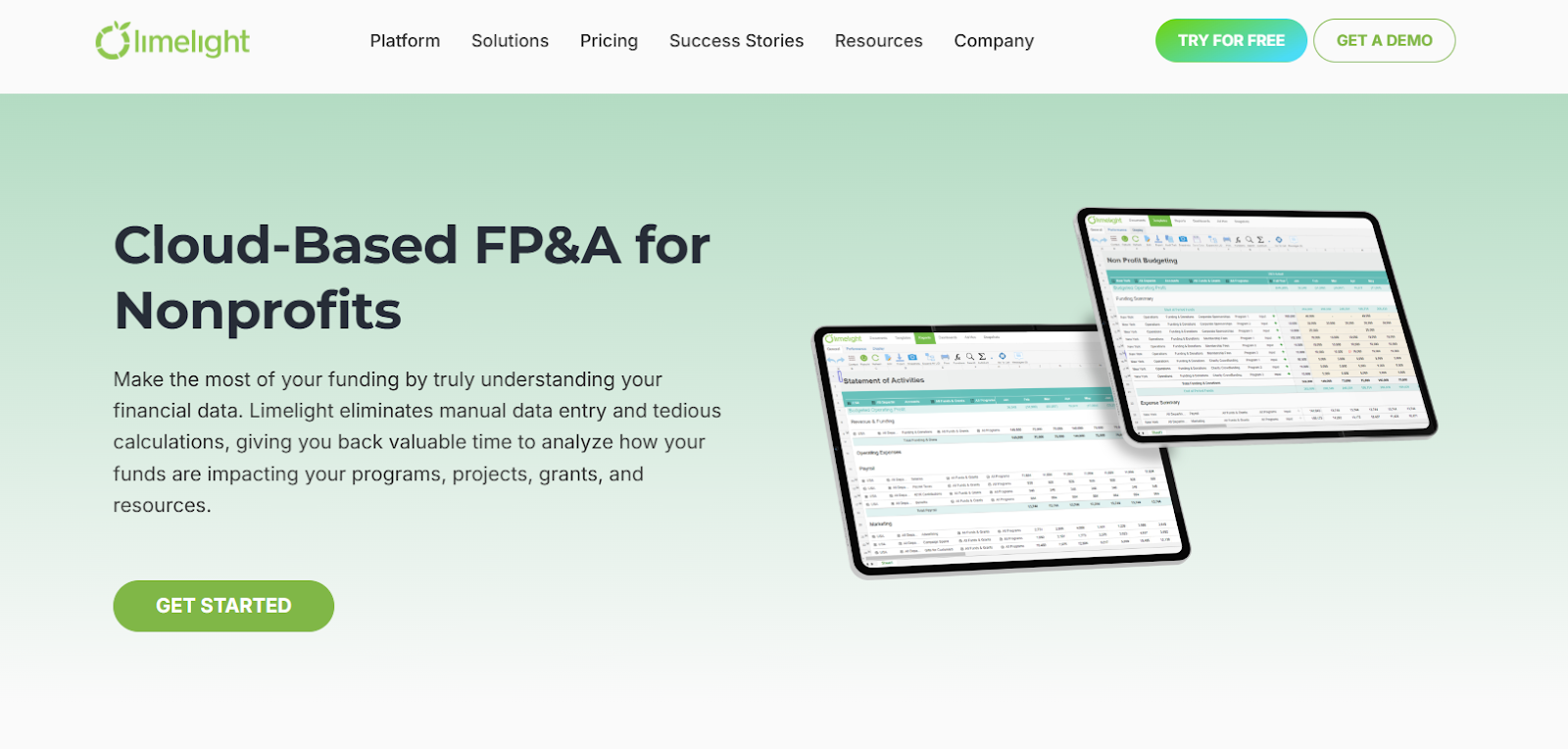 Limelight’s financial dashboard software for nonprofits homepage