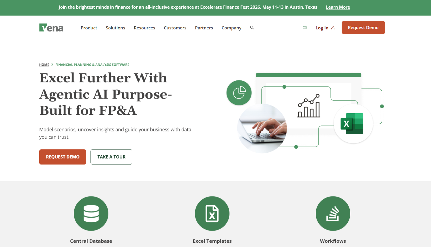 Vena Solutions landing page for financial planning and analysis