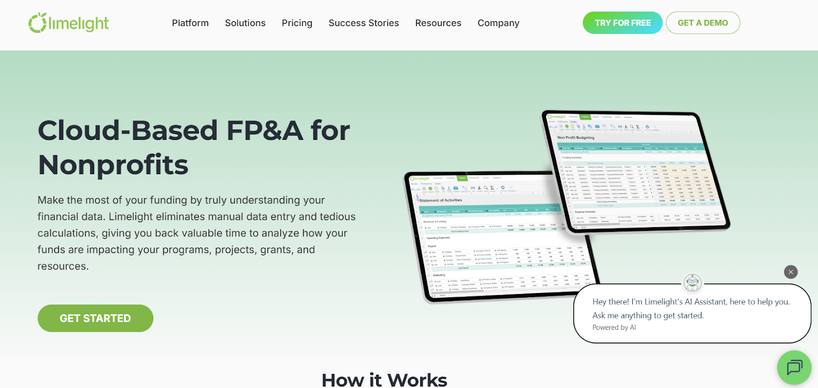 Limelight FP&A solution for nonprofits homepage