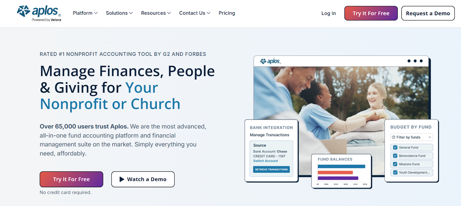Aplos nonprofit accounting software landing page