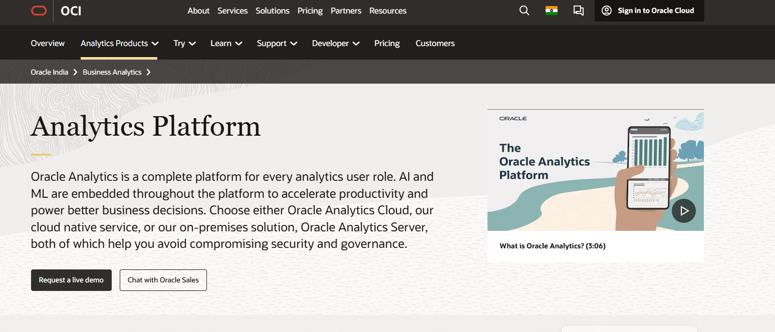 Oracle Analytics landing page showcasing AI-driven insights for FP&A