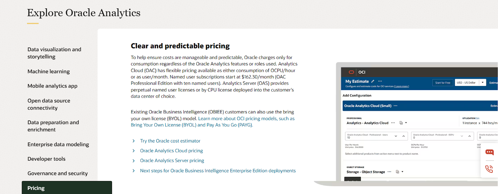 Oracle Analytics pricing page