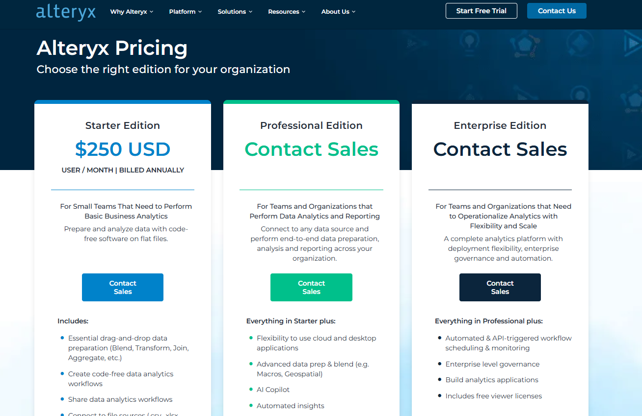 Alteryx pricing page