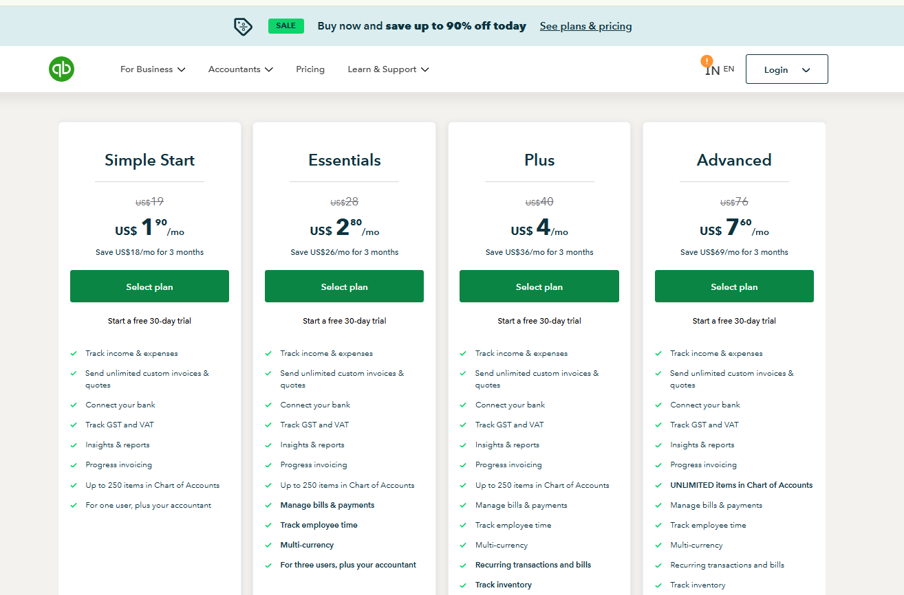 QuickBooks Online pricing plans