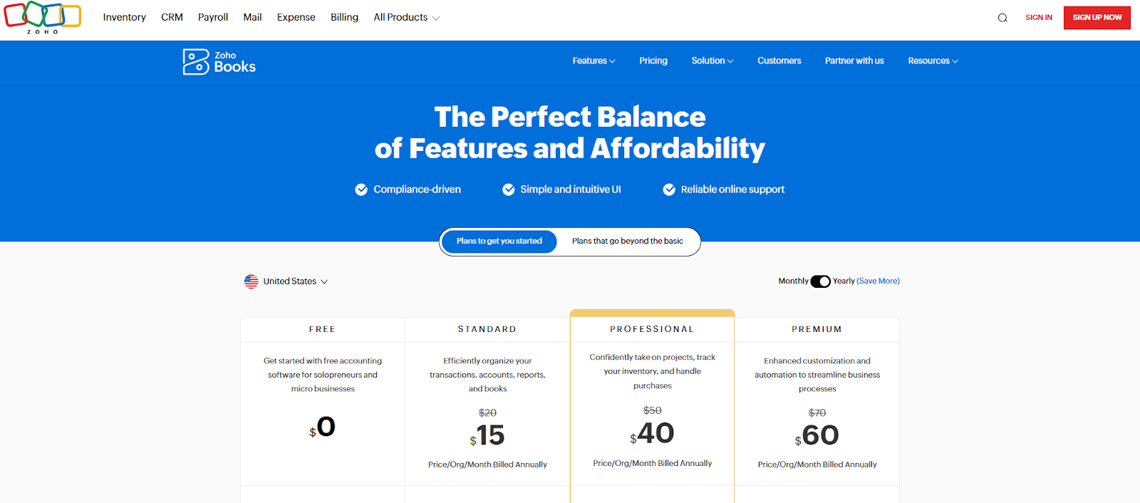 Zoho Books pricing plans
